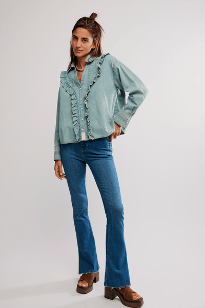 Tattered And Ruffled Denim Top BY FREE PEOPLE