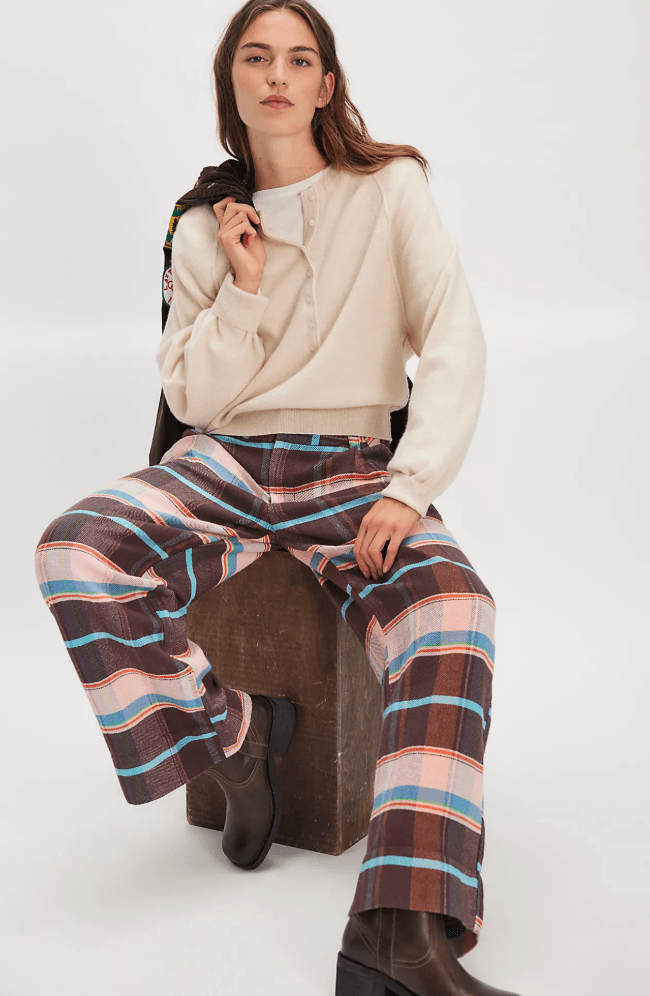 BUCKLE BACK PLAID TROUSER BY FREE PEOPLE