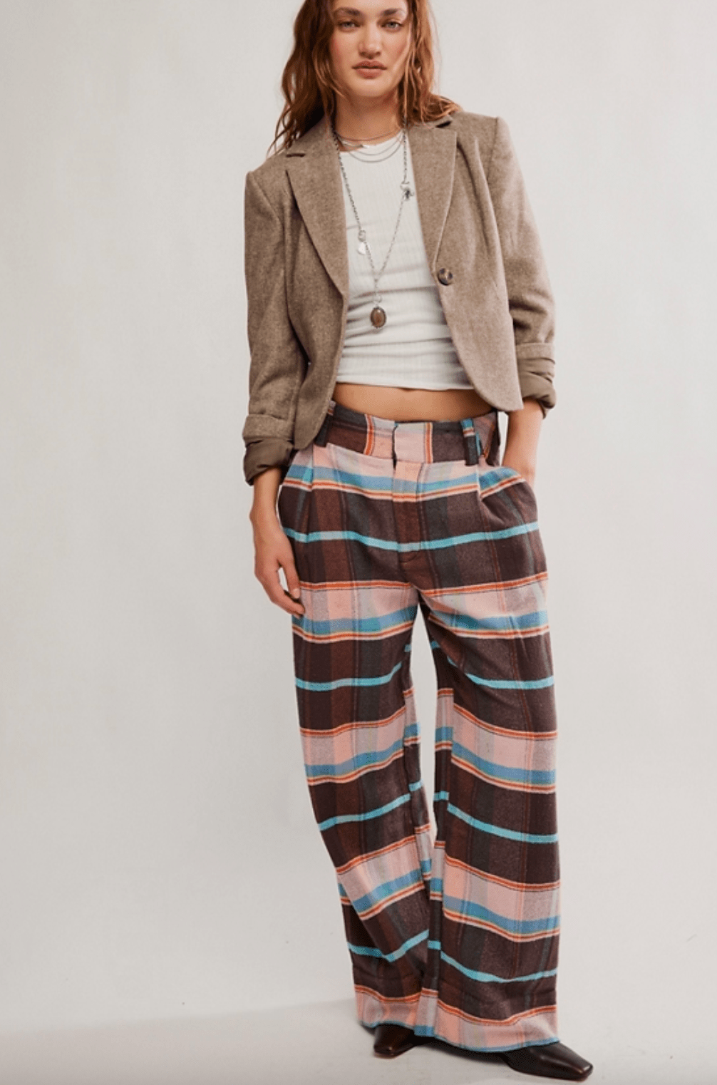 BUCKLE BACK PLAID TROUSER BY FREE PEOPLE