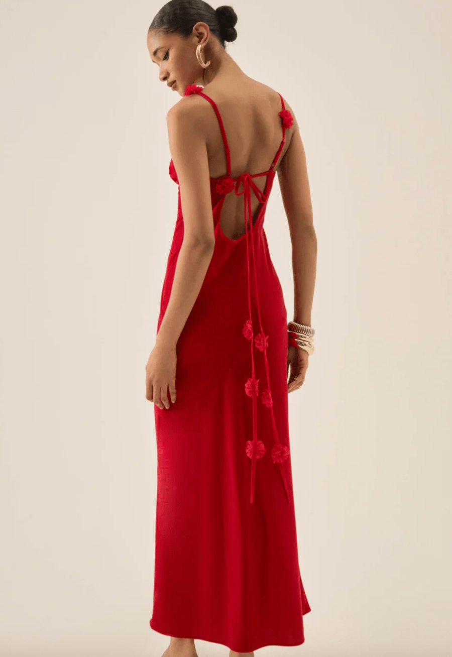 huda maxi dress For Love & Lemons satin open back Maxi dress with rosette detail in red