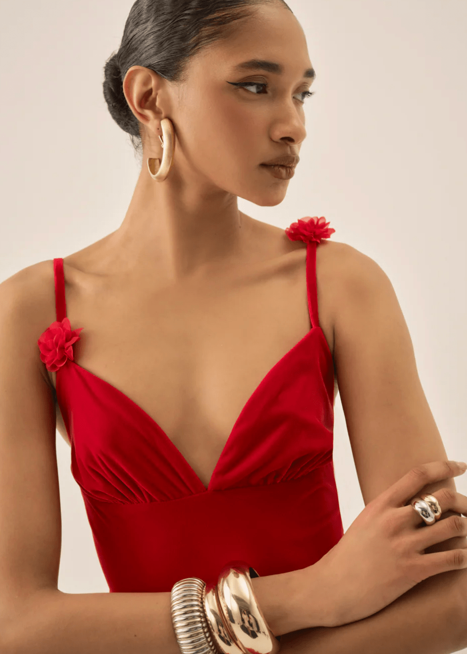 huda orange dress For Love & Lemons satin open back Maxi dress with rosette detail in red