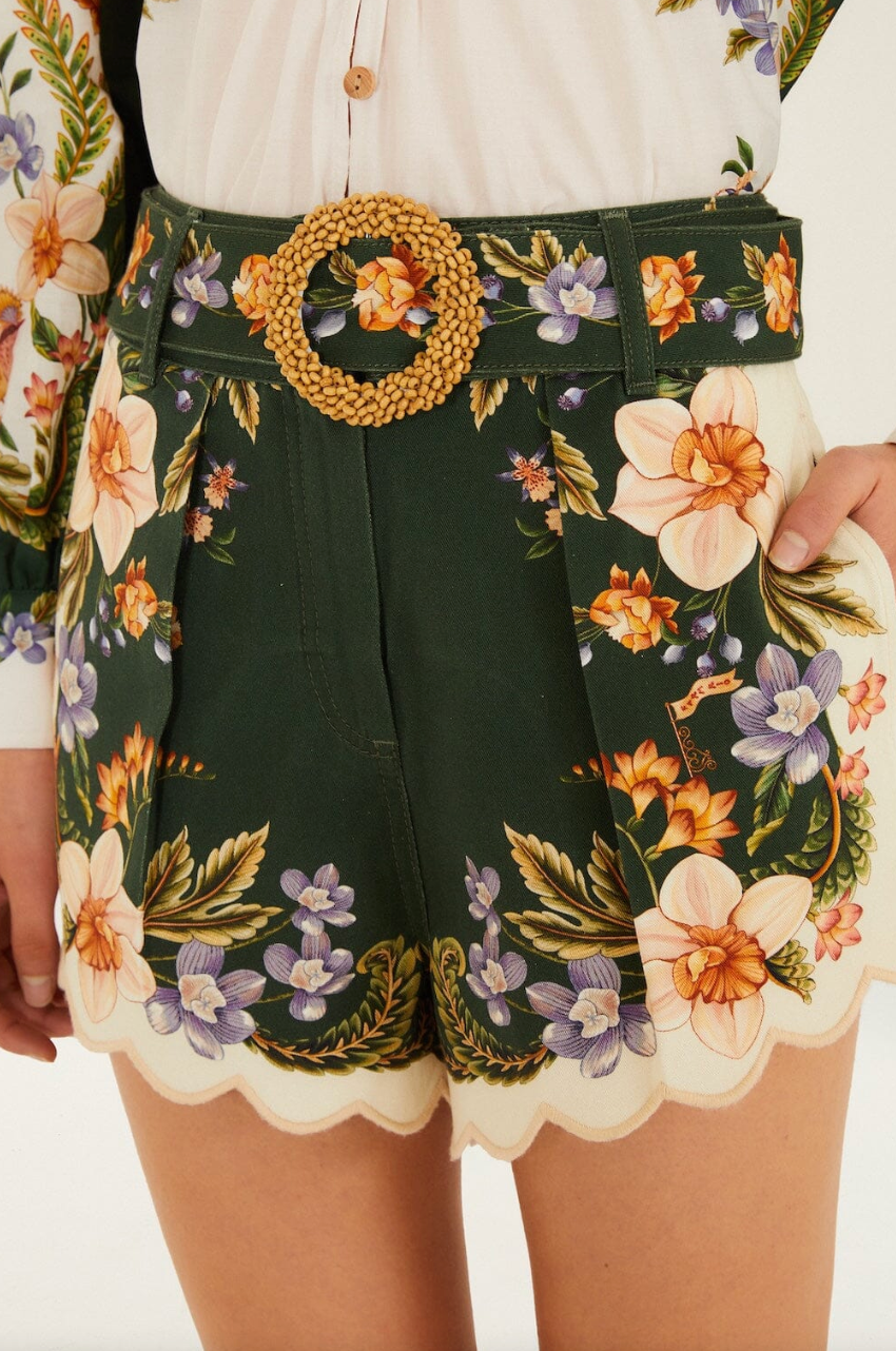 Green Berry Garden Beaded Buckle Twill Shorts by Farm Rio – 75° & Fuzzy