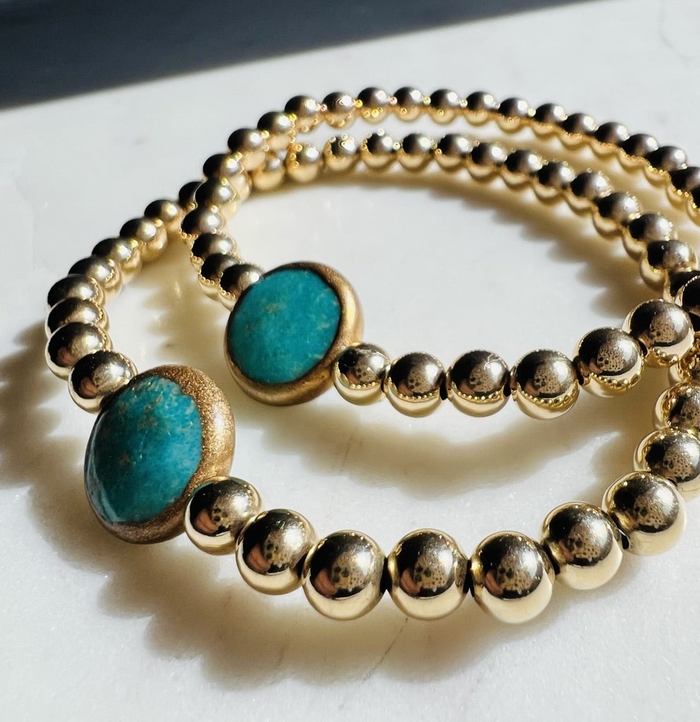 Natural Turquoise Gemstone and Gold Bead Bracelet