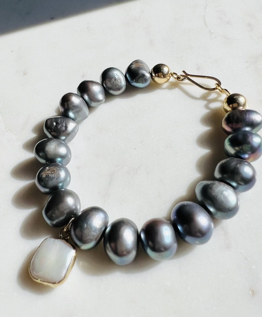 Peacock Fresh Water Pearl Bracelet with Charm by Chesnut and Fig