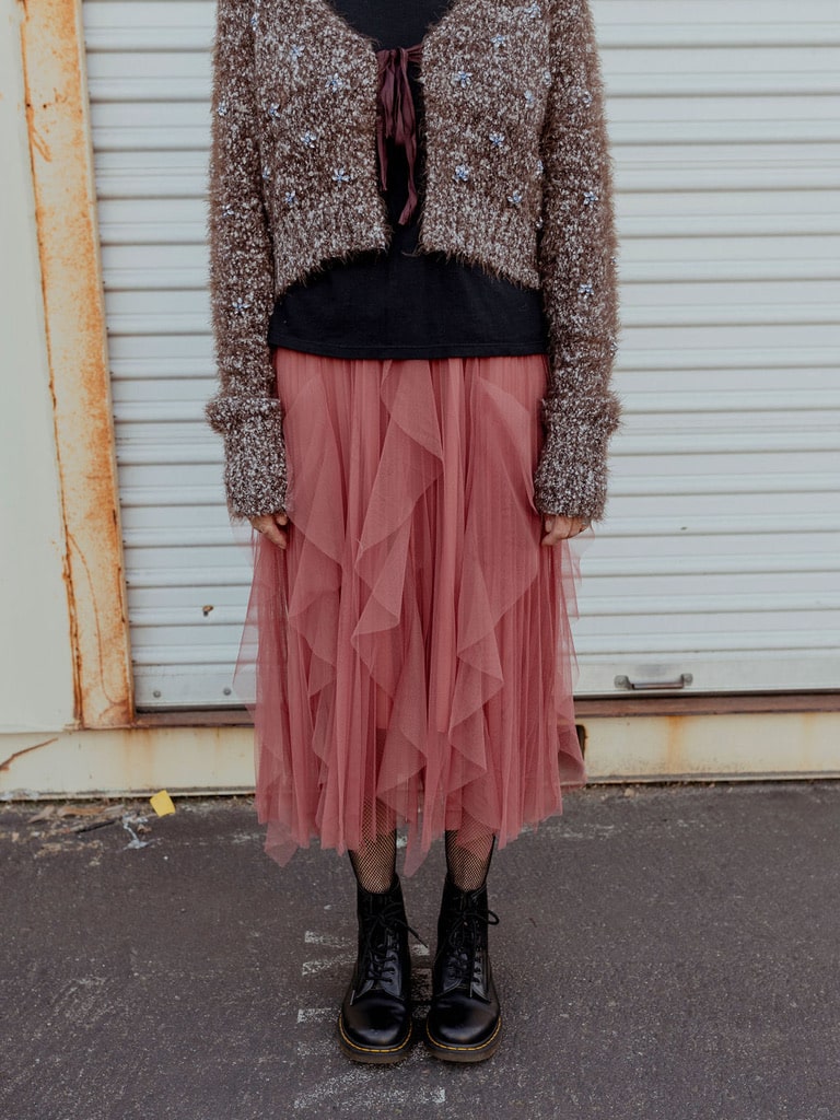 Pleated and Ruffled Tulle Midi Skirt