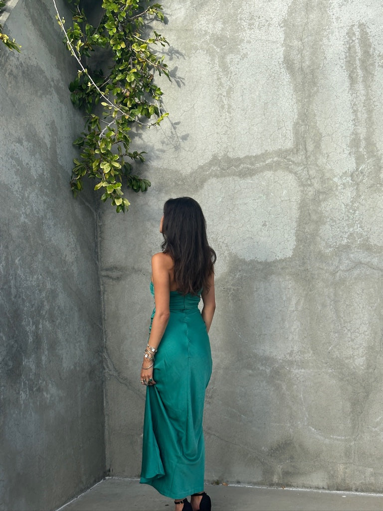 slim fit dress slacks Natalia Emerald Floral Strapless Maxi Dress