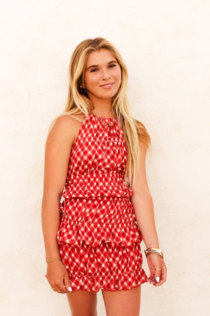 Cherry Spritz Gingham Mini Dress BY 75