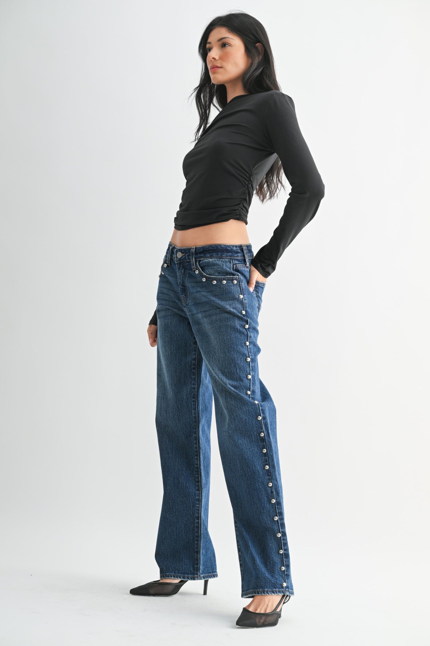 Rebel Rodeo Studded Jeans: Low Rise Studded Baggy Denim