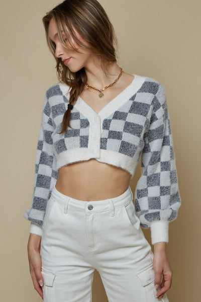 Cropped and Fuzzy Checkered Cardigan with Ballon Sleeve
