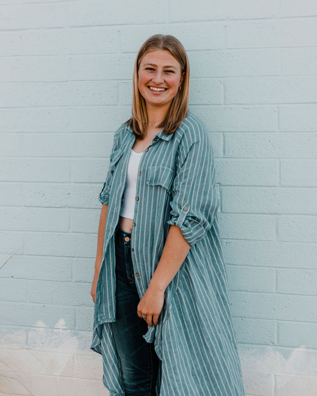 Striped High Low Button Down 100% Linen Dress