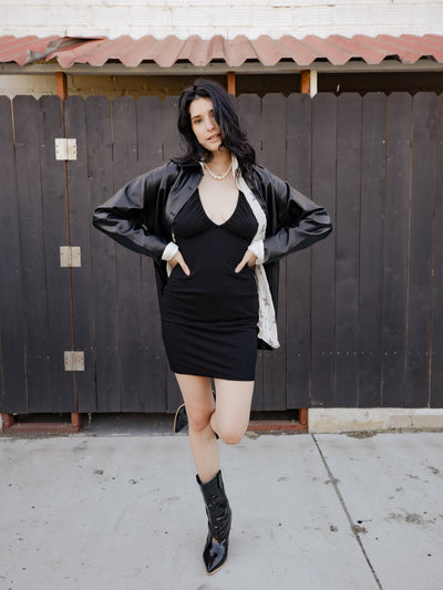 Black V Neck Knit Dress with Cut Outs