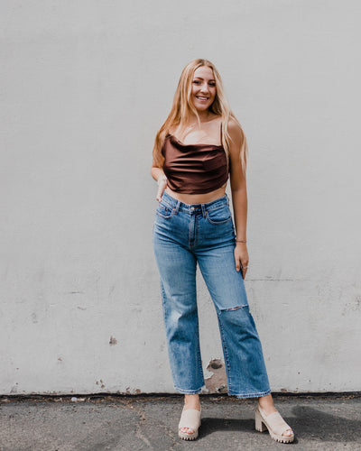 Chocolate Satin Cowl Neck Crop Top