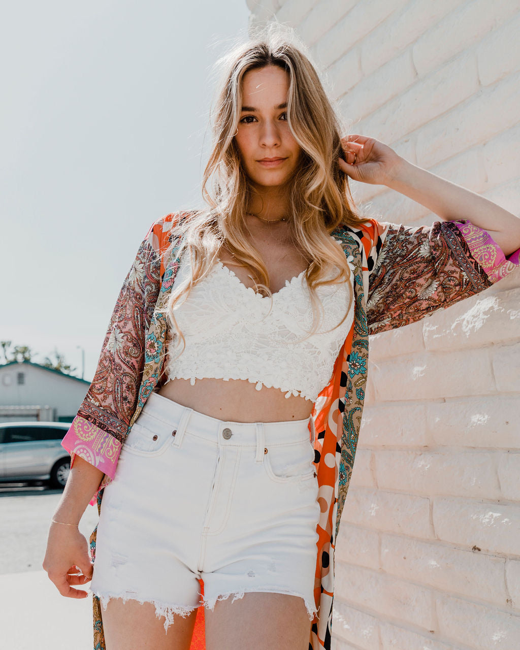 Printed Long Patchwork Kimono by 75