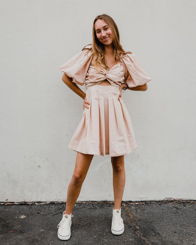 Baby Doll Dress with Cut Out and Puff Sleeves