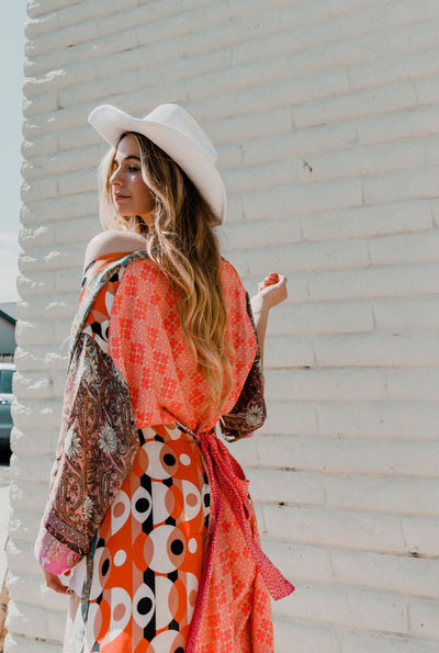 Printed Long Patchwork Kimono by 75