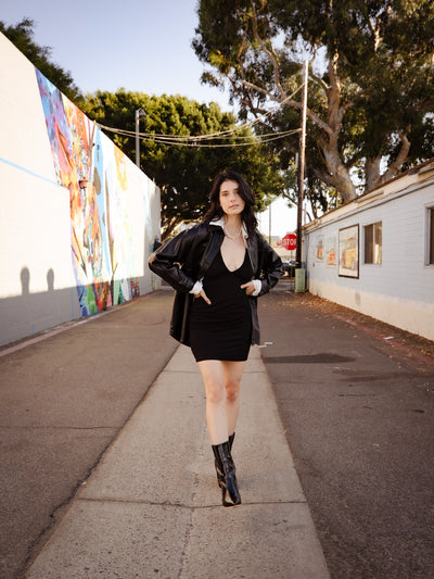 Black V Neck Knit Dress with Cut Outs