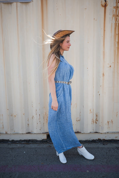 Vintage Wash Ruffled Linen Jumpsuit with a High Collar