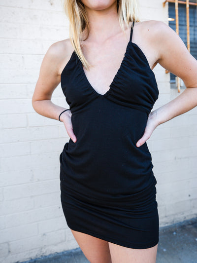 Black V Neck Knit Dress with Cut Outs