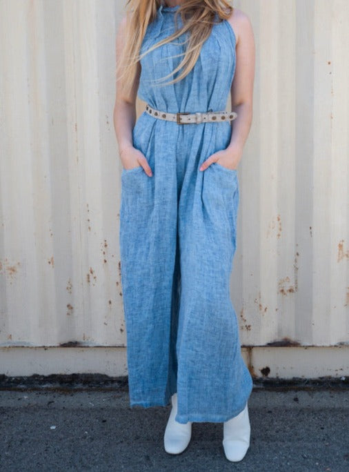Vintage Wash Ruffled Linen Jumpsuit with a High Collar