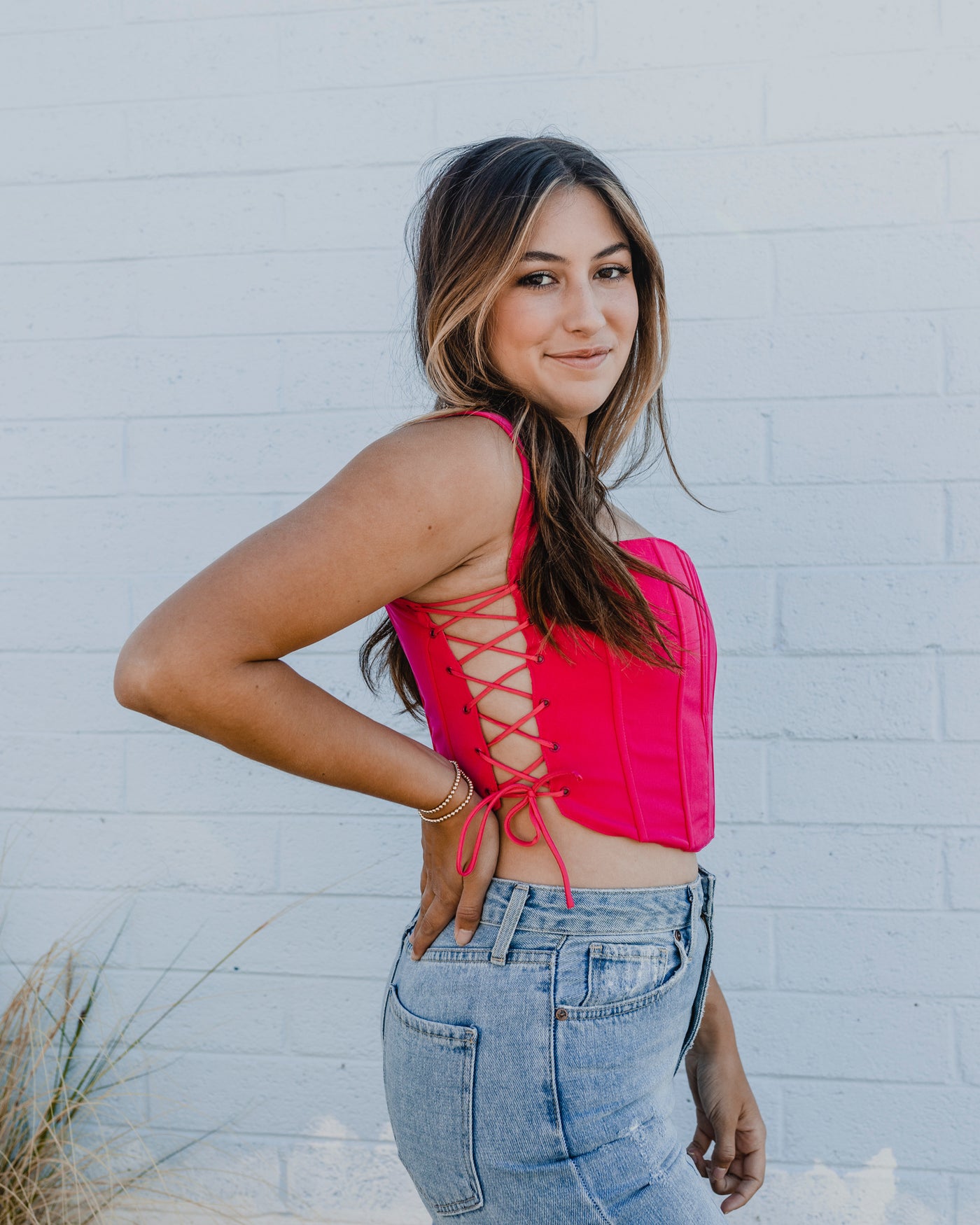 Cotton Twill Corset Top with Eyelets and Spaghetti Lace Side