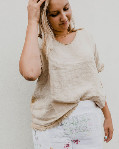 Fringe Edge Cotton and Linen Oversized Short Sleeve Top by Venti 6
