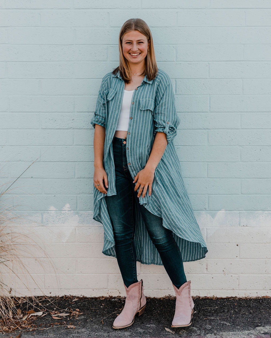 Striped High Low Button Down 100% Linen Dress