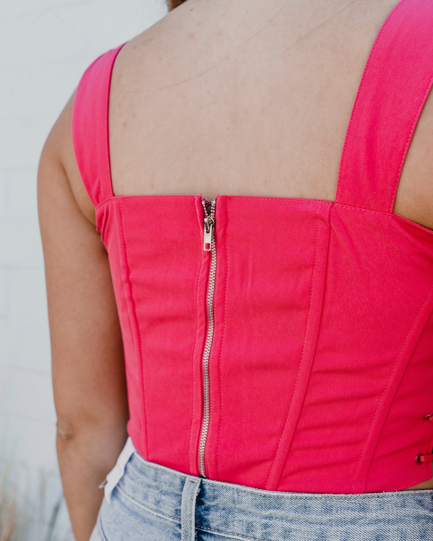 Cotton Twill Corset Top with Eyelets and Spaghetti Lace Side