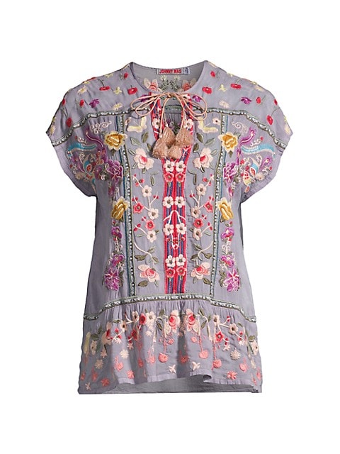 JOHNNY WAS WOMEN'S GREY TALON FLORAL EMBROIDERED SHORT SLEEVE TOP