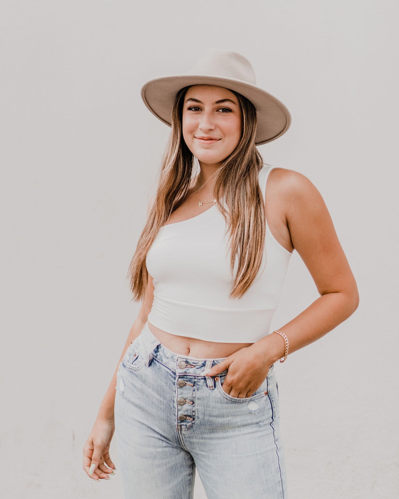 Ivory Cropped One-Shoulder Top in Rayon Knit