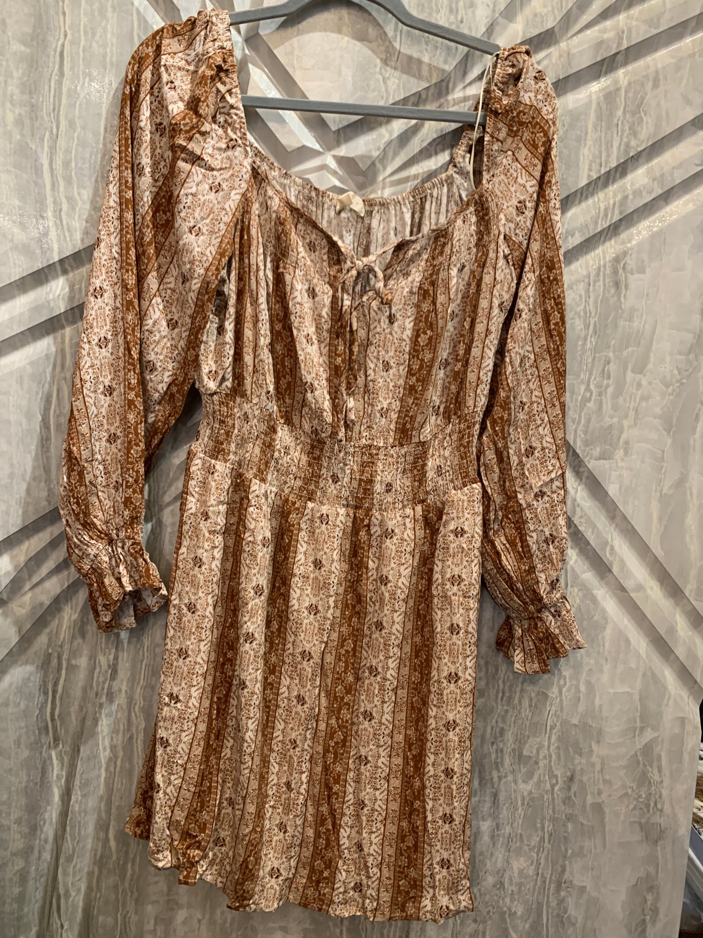 Long Sleeve Cream and Brown Floral Dress with Smocking