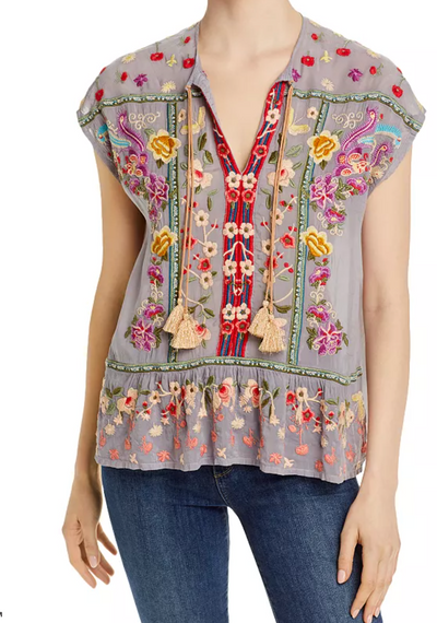 JOHNNY WAS WOMEN'S GREY TALON FLORAL EMBROIDERED SHORT SLEEVE TOP