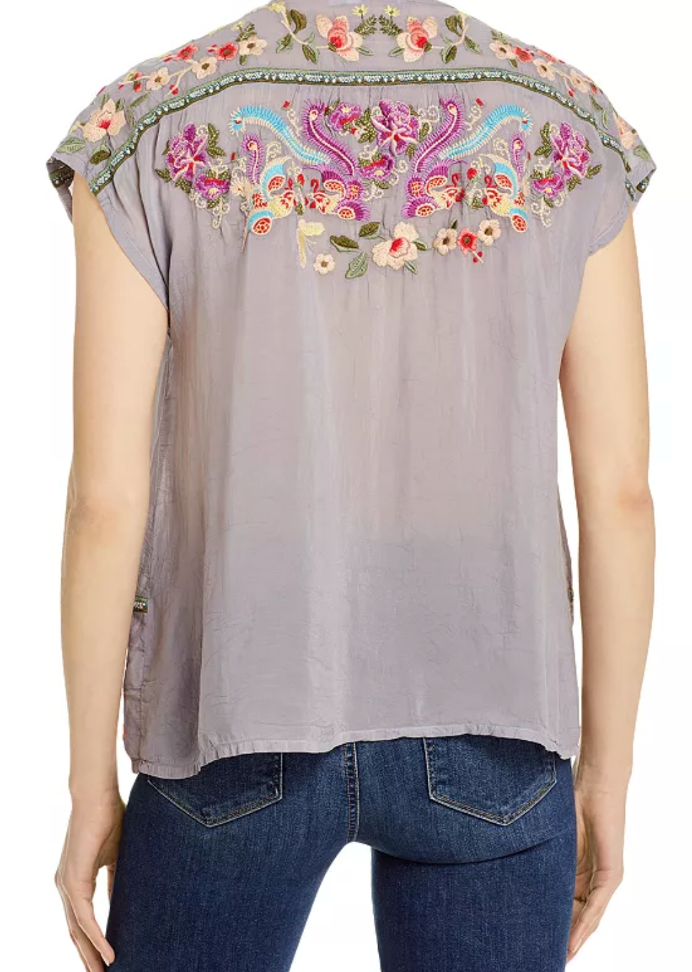 JOHNNY WAS WOMEN'S GREY TALON FLORAL EMBROIDERED SHORT SLEEVE TOP