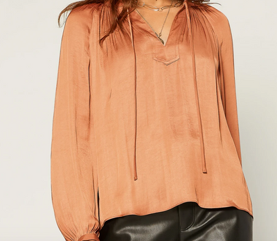 Split Neck Long Sleeve Blouse with Tie by Current Air