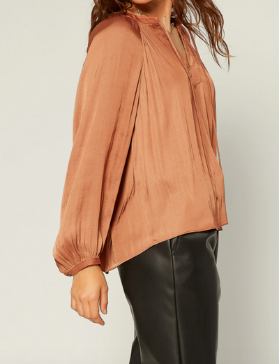 Split Neck Long Sleeve Blouse with Tie by Current Air