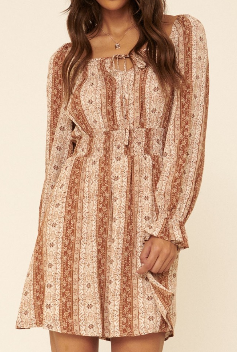 Long Sleeve Cream and Brown Floral Dress with Smocking