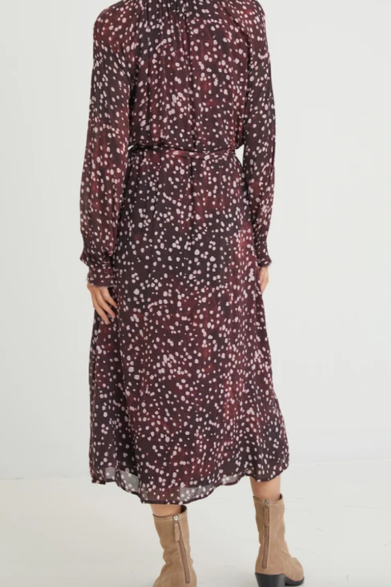 bella dahl midi dress Bella Dahl Tie Waist Long Sleeve Midi Dress in Wine Dot Print