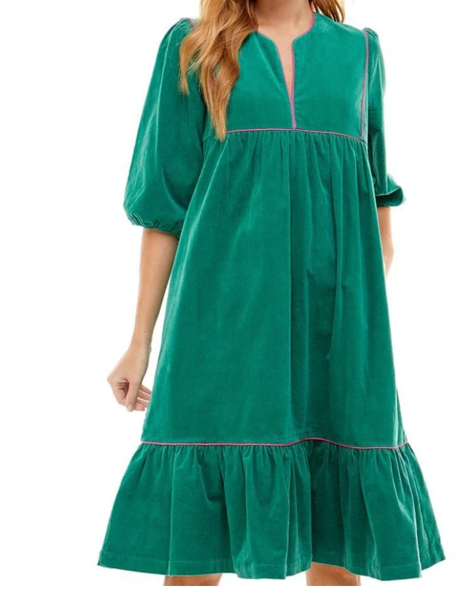 Pollyjean Dress in Jade Baby Cord