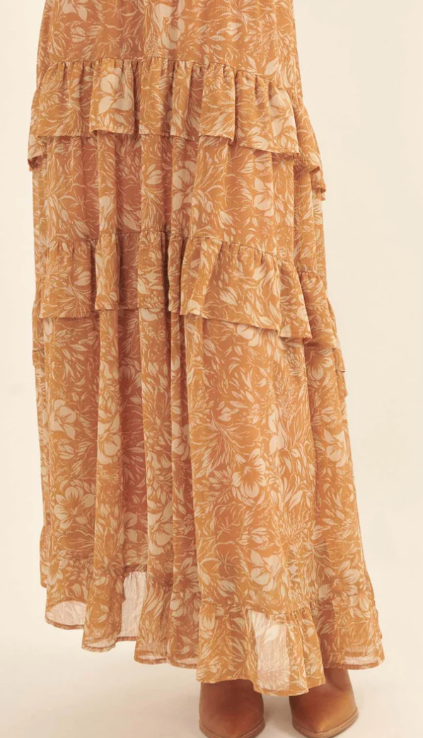 Paradise Grove Ruffled Floral Chiffon Maxi Skirt