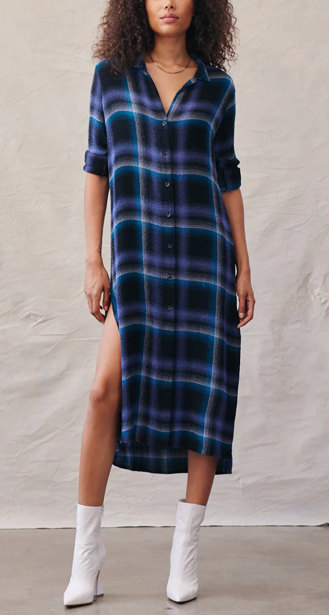 Rolled sleeve checked clearance dress