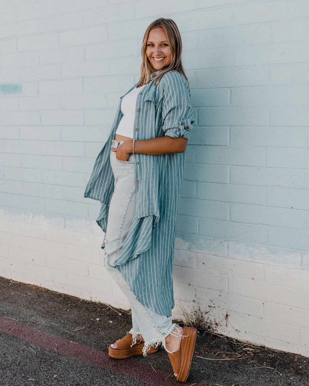 Striped High Low Button Down 100% Linen Dress