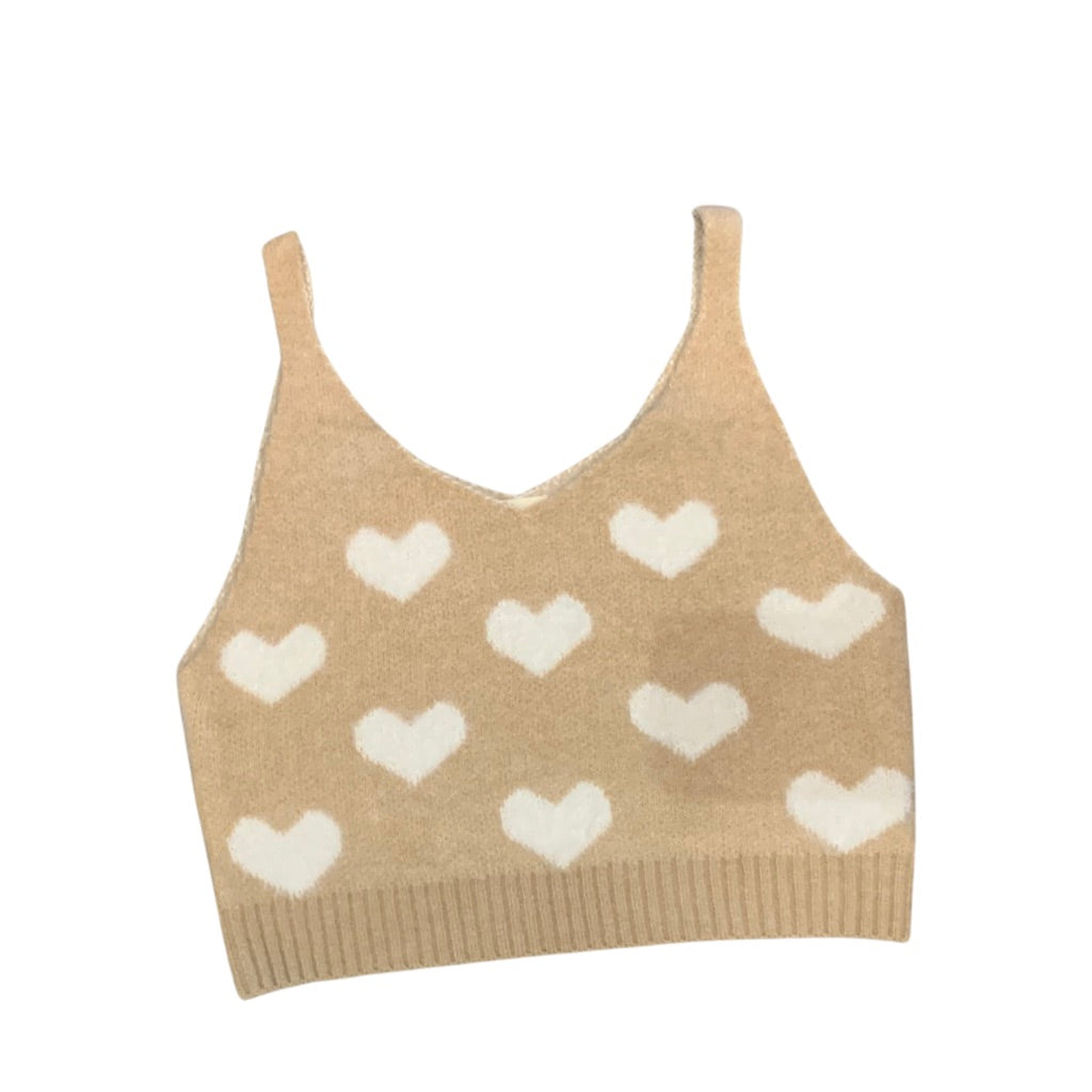 CONTRAST COLOR FUZZY HEARTS KNIT CROPPED SWEATER