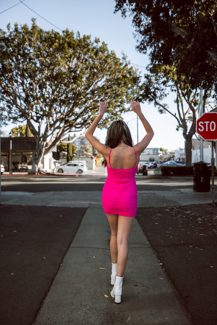 Mesh Mini Dress with Ruche Details and Halter Tie