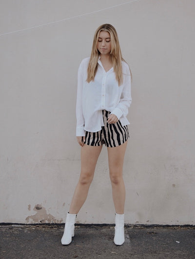 Taupe and Black Striped Pleated Shorts