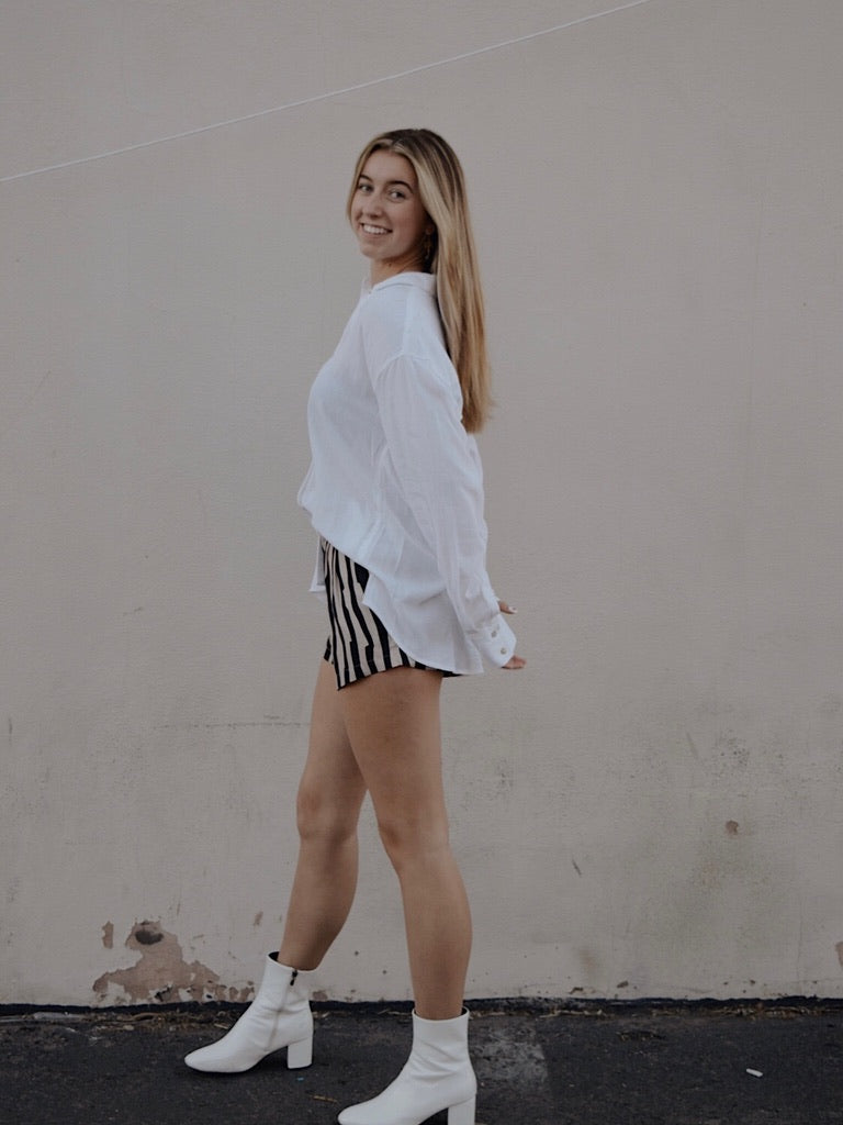 Taupe and Black Striped Pleated Shorts