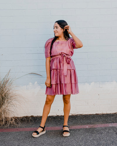 Rose Mauve Square Neck Puffy Sleeve Short Dress By Current Air