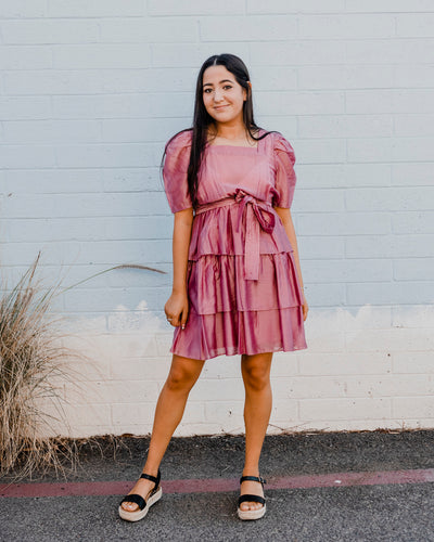 Rose Mauve Square Neck Puffy Sleeve Short Dress By Current Air