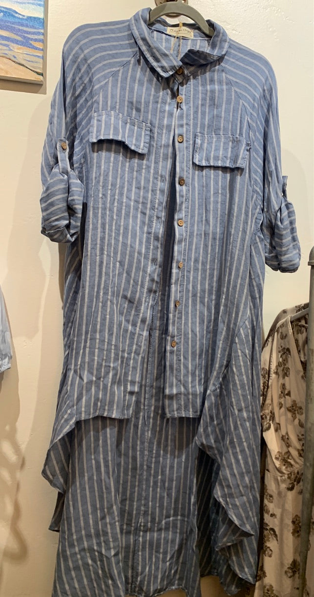 Striped High Low Button Down 100% Linen Dress