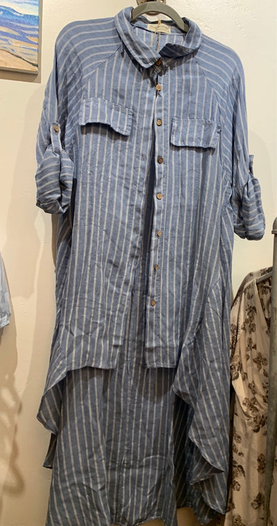 Striped High Low Button Down 100% Linen Dress