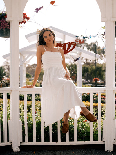 Multi Stitched Smocked Cotton Tired Midi Dress