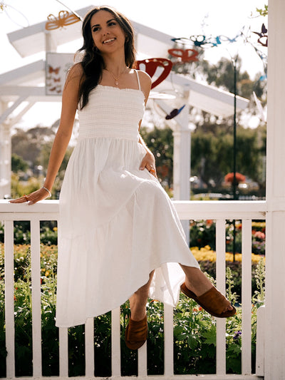 Multi Stitched Smocked Cotton Tired Midi Dress